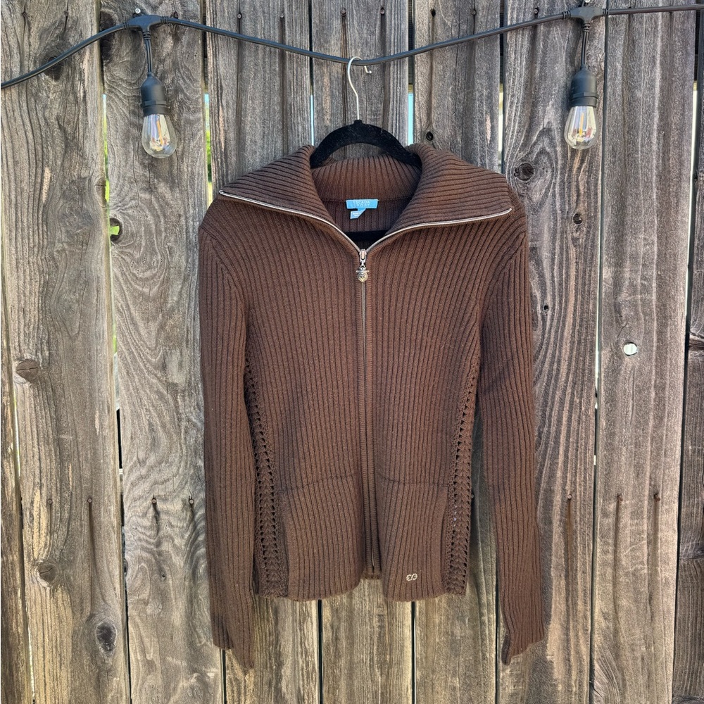 Escada Sport Brown Vintage Virgin Wool Full Zip Knit Jacket high neck small